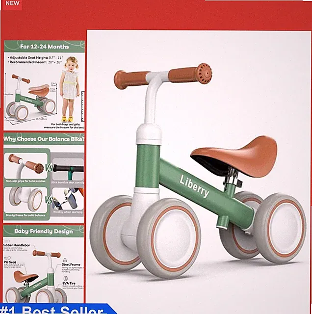Baby Balance Bike Adjustable Seat 4 Wheels 6 Inch EVA Tires Toddler 12-24 Months