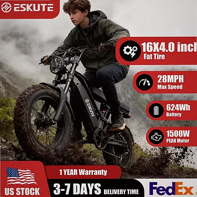 Eskute V100 Electric Bike 1500W Peak 28MPH 48V13Ah Motorcycle 16 X4 Fat Tire New